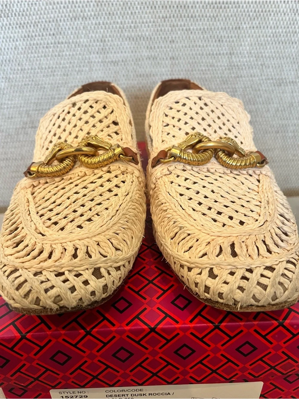 Tory Burch Jessa Loafer Cream Woven Raffia Loafers with Gold Dragon Hardware